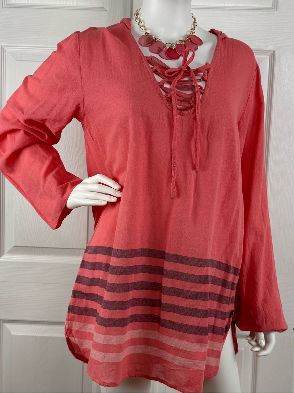 Lagaci Coral Lace-Up Swim Coverup with Striped Hem
